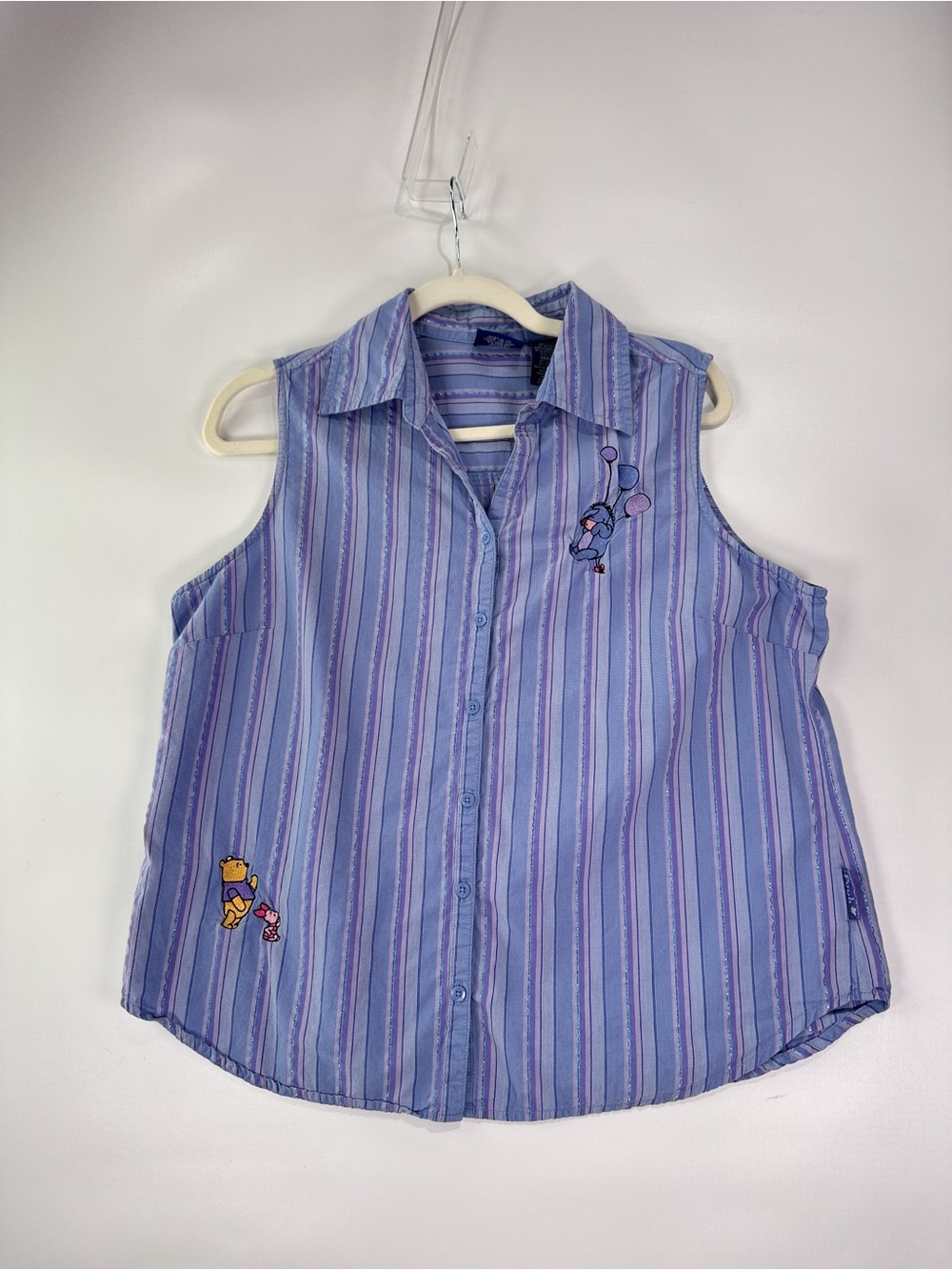 Pooh Sleeveless Blouse Embroidered Winnie Piglet Eeyore Striped Blue Purple L - Picture 2 of 12